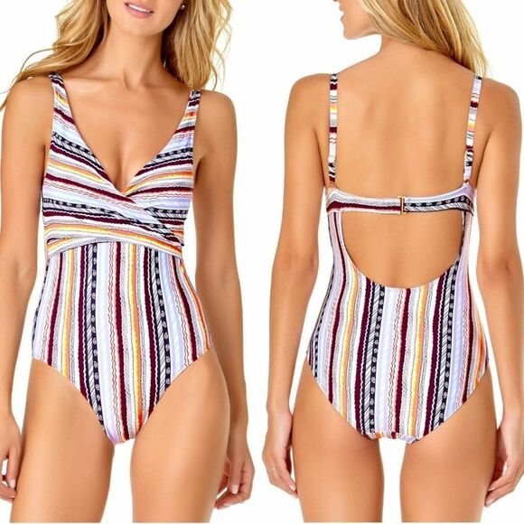 New! ANNE COLE Striped V-neck Women's One-Piece Swimsuit Bathing Suit Size 10 - Picture 1 of 7